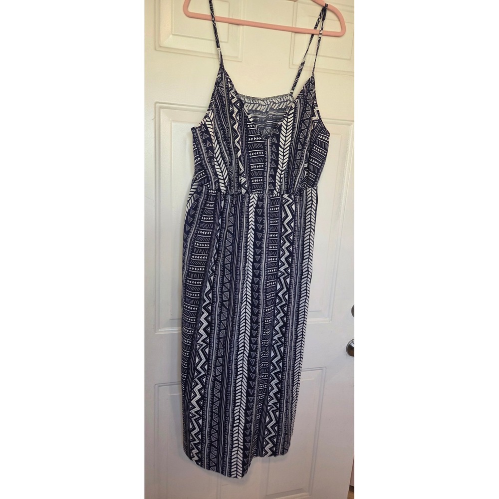 Navy White Tribal Print Maxi Dress V-Neck Boho Spaghetti Strap Summer Gown